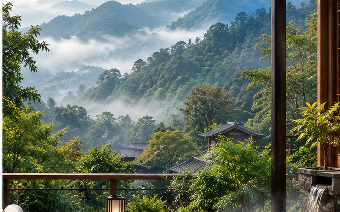Illustrative forest and traditional architecture in Sichuan